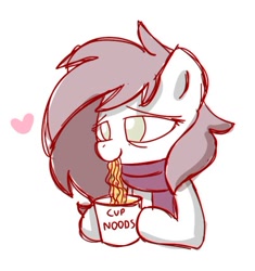 Size: 404x429 | Tagged: safe, artist:sugar morning, oc, oc only, oc:depression, bags under eyes, bust, clothes, cup noodles, doodle, food, heart, messy mane, noodle, portrait, scarf, simple background, sketch, sleepy, smiling, solo, tired, white background