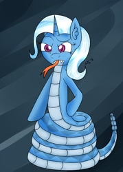 Size: 1280x1792 | Tagged: safe, artist:novaspark, trixie, lamia, original species, snake, fangs, race swap, solo, species swap, tongue out, trixie lulamia