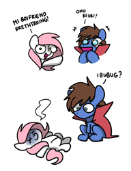 Size: 382x497 | Tagged: safe, artist:sugar morning, oc, oc only, oc:bizarre song, oc:sugar morning, pony, blue face, bust, cape, chibi, clothes, comic, couple, dead, death, doodle, female, giving up the ghost, i'm baby, lying down, male, mare, misspelling, pointing, portrait, simple background, sitting, stallion, straight, sugarre, teary eyes, text, white background, x eyes