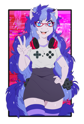 Size: 965x1427 | Tagged: safe, artist:lovelesskia, derpibooru import, oc, oc only, oc:cinnabyte, anthro, earth pony, anthro oc, clothes, female, gaming headset, glasses, headset, mare, peace sign, skirt, socks, solo, striped socks, thick, thigh highs