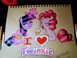 Size: 1280x960 | Tagged: safe, artist:tiger-of-my-eye, derpibooru import, pinkie pie, twilight sparkle, twilight sparkle (alicorn), alicorn, earth pony, pony, cute, female, food, lesbian, shipping, traditional art, twinkie, twinkies