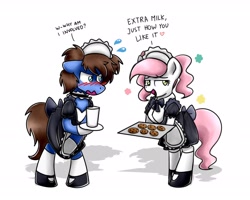 Size: 2048x1638 | Tagged: safe, artist:sugar morning, oc, oc:bizarre song, oc:sugar morning, blushing, clothes, cookie, crossdressing, embarrassed, female, food, maid, male, mare, milk, stallion, sugarre