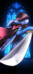 Size: 348x768 | Tagged: safe, artist:sugar morning, oc, oc only, oc:bizarre song, pegasus, pony, cape, clothes, jewelry, necklace, solo, stained glass, sword, weapon