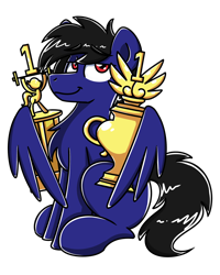 Size: 2048x2560 | Tagged: safe, artist:sugar morning, derpibooru import, oc, oc only, oc:jet black, pegasus, pony, colored, commission, holding, male, simple background, sitting, smiling, smug, transparent background, trophy