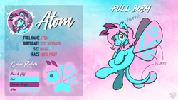 Size: 3840x2160 | Tagged: safe, artist:sugar morning, oc, oc only, oc:atom, mothpony, original species, pony, colorful, commission, male, reference sheet, solo, stallion, text