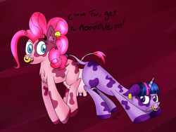 Size: 4000x3000 | Tagged: safe, artist:novaspark, pinkie pie, twilight sparkle, cow pony, conjoined, conjoined by crotchboobs, ear tag, lol, nose ring, pincow pie, species swap, twilight sparcow, udder, wat, wtf