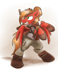 Size: 2048x2560 | Tagged: safe, artist:sugar morning, oc, oc only, oc:moonatik, pegasus, pony, backpack, bipedal, boots, clothes, commission, gun, hair bun, male, rearing, shoes, simple background, solo, stallion, weapon, white background, wings