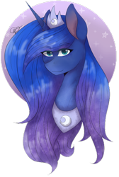 Size: 410x609 | Tagged: safe, artist:brendalobinha, derpibooru import, princess luna, alicorn, pony, bust, crown, female, jewelry, mare, regalia, simple background, solo, stars, transparent background