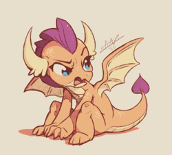 Size: 1200x1085 | Tagged: safe, artist:assasinmonkey, derpibooru import, smolder, dragon, angry, cute, dragoness, female, looking sideways, madorable, open mouth, simple background, sitting, smolderbetes, solo, spread wings, tan background, wings