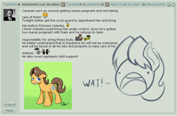 Size: 748x490 | Tagged: safe, artist:nekocrispy, caramel, rabbit, child support, comments, deviantart, emoticon, pregnant, sketch, socially awkward pony, text, wall of text, wat, what the fuck am i reading