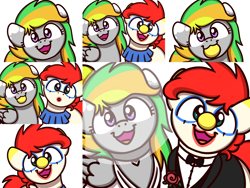 Size: 2048x1536 | Tagged: safe, artist:sugar morning, oc, oc:jester jokes, oc:odd inks, earth pony, pegasus, pony, adorable face, bowtie, clothes, clown, clown makeup, clown nose, cute, dress, female, flower, jewelry, makeup, male, mane bun, mare, marriage, married couple, necklace, rose, stallion, sugar morning's smiling ponies, tuxedo, wedding, wedding dress, wedding veil