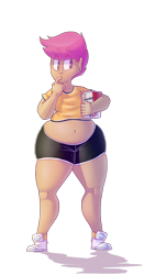 Size: 825x1572 | Tagged: safe, artist:secretgoombaman12345, scootaloo, chicken, human, ask chubby diamond, belly button, chubby, ear piercing, earring, fat, hips, humanized, jewelry, kfc, midriff, moderate dark skin, muffin top, piercing, scootachicken, scootalard, solo, thighs, wide hips