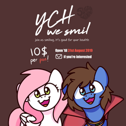 Size: 2000x2000 | Tagged: safe, artist:sugar morning, oc, oc only, oc:bizarre song, oc:sugar morning, pegasus, pony, advertisement, announcement, cape, clothes, commission, simple background, sugar morning's smiling ponies, text, your character here