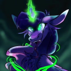 Size: 1000x1000 | Tagged: safe, artist:rockin_candies, derpibooru import, twilight sparkle, alicorn, pony, glowing eyes, glowing horn, horn, implied changeling, implied queen chrysalis, solo