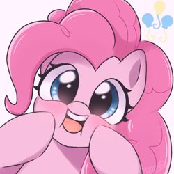 Size: 768x768 | Tagged: safe, artist:1miraishu, derpibooru import, pinkie pie, earth pony, pony, bust, cheek squish, cute, cutie mark, diapinkes, female, looking at you, mare, open mouth, portrait, simple background, smiling, solo, squishy cheeks, white background