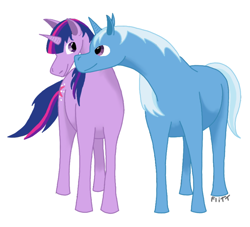 Size: 882x800 | Tagged: safe, artist:flittingerman, derpibooru import, trixie, twilight sparkle, unicorn twilight, pony, unicorn, female, lesbian, mare, nuzzling, shipping, simple background, twixie, white background