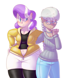 Size: 1120x1274 | Tagged: safe, artist:secretgoombaman12345, diamond tiara, silver spoon, human, ask chubby diamond, belly button, butt to butt, butt touch, chubby, fat, glasses, humanized, plump