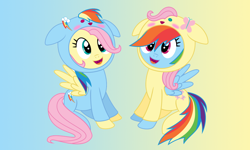 Size: 1162x695 | Tagged: artist needed, source needed, safe, derpibooru import, fluttershy, rainbow dash, pegasus, pony, abstract background, backwards cutie mark, clothes, costume, duo, female, flutterdash, kigurumi, lesbian, mare, pony costume, shipping