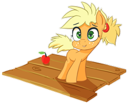 Size: 943x764 | Tagged: safe, artist:ikarooz, derpibooru import, applejack, earth pony, pony, alternate hairstyle, apple, blank flank, board, cute, female, filly, filly applejack, food, jackabetes, ponytail, simple background, smiling, solo, transparent background, wood, younger