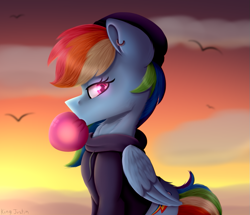 Size: 843x726 | Tagged: safe, artist:king-justin, derpibooru import, rainbow dash, bird, pegasus, pony, seagull, accessories, backwards cutie mark, beanie, bubblegum, clothes, cloud, digital art, ear piercing, food, gum, hat, piercing, solo, sunset