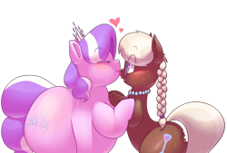 Size: 922x624 | Tagged: safe, artist:secretgoombaman12345, diamond tiara, silver spoon, chocolate pony, food pony, original species, pony, blushing, chocolate, chubby diamond, fat, food, glasses, imminent vore, implied vore, licking, this will end in death, tongue out