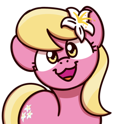 Size: 1000x1000 | Tagged: safe, artist:sugar morning, lily, lily valley, earth pony, pony, bust, cat face, cat smile, cute, female, flower, lilybetes, looking at you, mare, open mouth, simple background, smiling, smiling at you, solo, sugar morning's smiling ponies, transparent background