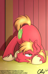 Size: 600x927 | Tagged: safe, artist:nekocrispy, big macintosh, earth pony, pony, barn, cute, face down ass up, fluffy, frown, looking at you, male, sleepy, solo, stallion, unshorn fetlocks, waking up