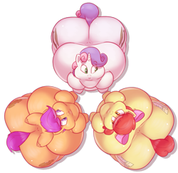 Size: 1103x1072 | Tagged: safe, artist:secretgoombaman12345, apple bloom, scootaloo, sweetie belle, alternate cutie mark, apple blob, big puffy marshmallow, cutie mark crusaders, extra plump chicken, fat, impossibly large butt, impossibly wide hips, morbidly obese, obese, plot, scootalard, sweetie belly, wide hips