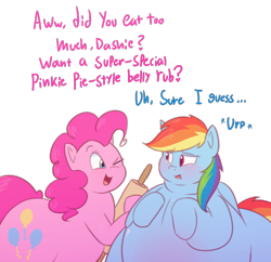 Size: 726x704 | Tagged: safe, artist:secretgoombaman12345, pinkie pie, rainbow dash, earth pony, pegasus, pony, burp, fat, morbidly obese, obese, piggy pie, pudgy pie, rainblob dash, rolling pin, stuffed, stuffing, wink