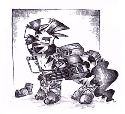 Size: 1695x1554 | Tagged: safe, artist:code-shark, derpibooru import, oc, oc:mars, zebra, fallout equestria, minigun, monochrome, solo, traditional art