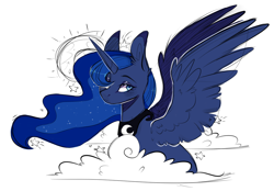 Size: 1146x799 | Tagged: safe, artist:sararini, derpibooru import, princess luna, alicorn, pony, bust, cloud, female, full moon, mare, moon, simple background, solo, spread wings, stars, white background, wings
