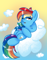 Size: 2550x3300 | Tagged: safe, artist:snowdeer97, derpibooru import, rainbow dash, pegasus, pony, cloud, female, high res, mare, on a cloud, on back, one eye closed, open mouth, sky, solo