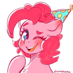 Size: 1000x1000 | Tagged: safe, artist:cottonsweets, derpibooru import, pinkie pie, earth pony, pony, birthday, blushing, bust, chest fluff, cute, diapinkes, female, hat, mare, one eye closed, open mouth, party hat, portrait, simple background, solo, white background, wink