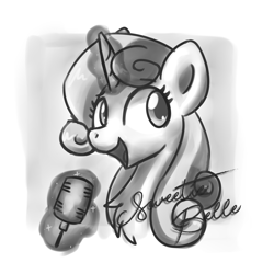 Size: 2048x2048 | Tagged: safe, artist:sugar morning, sweetie belle, pony, unicorn, black and white, bust, chest fluff, doodle, female, grayscale, high res, magic, magic aura, mare, microphone, monochrome, older, older sweetie belle, portrait, simple background, singing, sketch, solo, text, white background