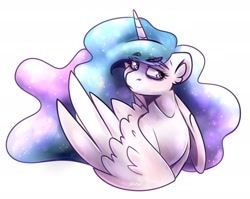 Size: 2374x1893 | Tagged: safe, artist:lrusu, derpibooru import, princess celestia, alicorn, pony, bags under eyes, bust, ear fluff, ethereal mane, female, mare, simple background, solo, white background