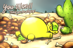 Size: 3840x2500 | Tagged: safe, artist:bitassembly, artist:sugar morning, oc, oc only, oc:lemon drop, earth pony, pony, belly, bite mark, bone, cactus, desert, drumstick, end game, eyes closed, fat, food, game screencap, game:fat fat horse, high res, immobile, impossibly large belly, meat, moonlight, morbidly obese, night, obese, on back, ponies eating meat, round belly, sleeping, smiling, solo, stuffed, text