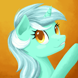 Size: 800x800 | Tagged: safe, artist:ariah101, derpibooru import, lyra heartstrings, pony, unicorn, bust, female, mare, orange background, portrait, raised hoof, simple background, smiling, solo