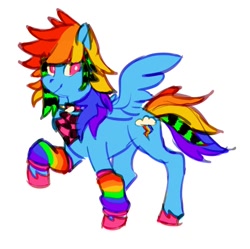 Size: 926x924 | Tagged: safe, artist:zukosbf, derpibooru import, rainbow dash, pegasus, pony, alternate hairstyle, clothes, rainbow socks, scene, socks, solo, striped socks