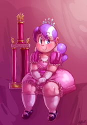 Size: 1000x1440 | Tagged: safe, artist:secretgoombaman12345, diamond tiara, human, ask chubby diamond, chubby, fat, humanized, sitting, solo