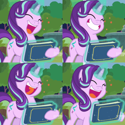 Size: 1440x1440 | Tagged: safe, derpibooru import, edit, edited screencap, screencap, starlight glimmer, pony, unicorn, memnagerie, spoiler:memnagerie, spoiler:mlp friendship is forever, cheerful, collage, compilation, cropped, cute, eyes closed, female, glimmerbetes, glowing horn, grin, hair flip, hoof hold, levitation, magic, magic aura, mare, scrapbook, smiling, solo, telekinesis