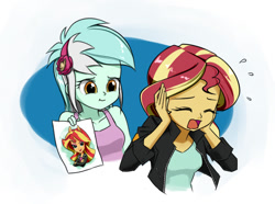 Size: 660x491 | Tagged: safe, artist:twilite-sparkleplz, lyra heartstrings, sunset shimmer, equestria girls, clothes, crossed arms, cute, drawing, duo, eyes closed, female, jacket, leather jacket, lyrabetes, open mouth, ponied up, shimmerbetes, shirt, simple background, smiling, tanktop