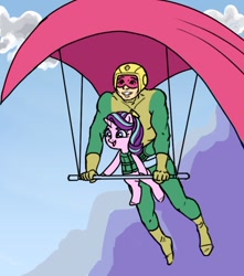 Size: 738x834 | Tagged: safe, artist:mcponyponypony, starlight glimmer, human, pony, unicorn, crossover, dc comics, excited, female, hang gliding, kite, kite-man, male, mare, simple background, smiling, that pony sure does love kites