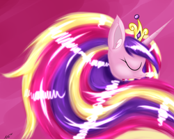 Size: 3000x2400 | Tagged: safe, artist:novaspark, princess cadance, alicorn, pony, bust, crown, ear fluff, eyes closed, female, horn, mare, pink background, simple background, smiling, solo