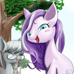 Size: 2000x2000 | Tagged: safe, artist:unousaya, diamond tiara, silver spoon, earth pony, pony, adorabullies, cute, diamondbetes, duo, eyes closed, female, filly, glasses, laughing, looking at you, missing accessory, silverbetes, tree