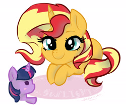 Size: 2600x2200 | Tagged: safe, artist:dressella, sunset shimmer, twilight sparkle, pony, unicorn, cute, doll, female, lesbian, plushie, shimmerbetes, shipping, simple background, smiling, solo, sunsetsparkle, toy