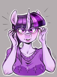 Size: 1024x1366 | Tagged: safe, artist:noupie, derpibooru import, twilight sparkle, anthro, adorasexy, adorkable, blushing, breasts, bust, clothes, cute, dork, ear fluff, eye clipping through hair, female, glasses, headlight sparkle, looking at you, mare, meganekko, nerd, portrait, sexy, simple background, solo, sweater, sweater puppies, twiabetes