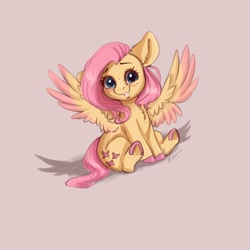 Size: 4000x4000 | Tagged: safe, artist:miokomata, derpibooru import, fluttershy, pegasus, pony, blushing, chest fluff, colored hooves, colored wings, female, freckles, freckleshy, looking at you, mare, pink background, shadow, signature, simple background, sitting, smiling, smol, underhoof, wings