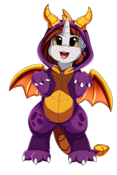 Size: 1853x2780 | Tagged: safe, artist:pridark, derpibooru import, oc, oc only, dragon, pony, unicorn, bipedal, clothes, commission, cosplay, costume, cute, happy, high res, ocbetes, open mouth, simple background, solo, spyro the dragon, transparent background