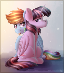 Size: 2000x2300 | Tagged: safe, artist:spirit-dude, derpibooru import, rainbow dash, twilight sparkle, twilight sparkle (alicorn), alicorn, pegasus, pony, cute, dashabetes, female, lesbian, mare, shipping, sitting, tongue out, twidash