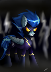 Size: 2500x3500 | Tagged: safe, artist:novaspark, earth pony, pegasus, lightning, shadowbolts, shadowbolts uniform, signature, smiling, solo, teeth, wings